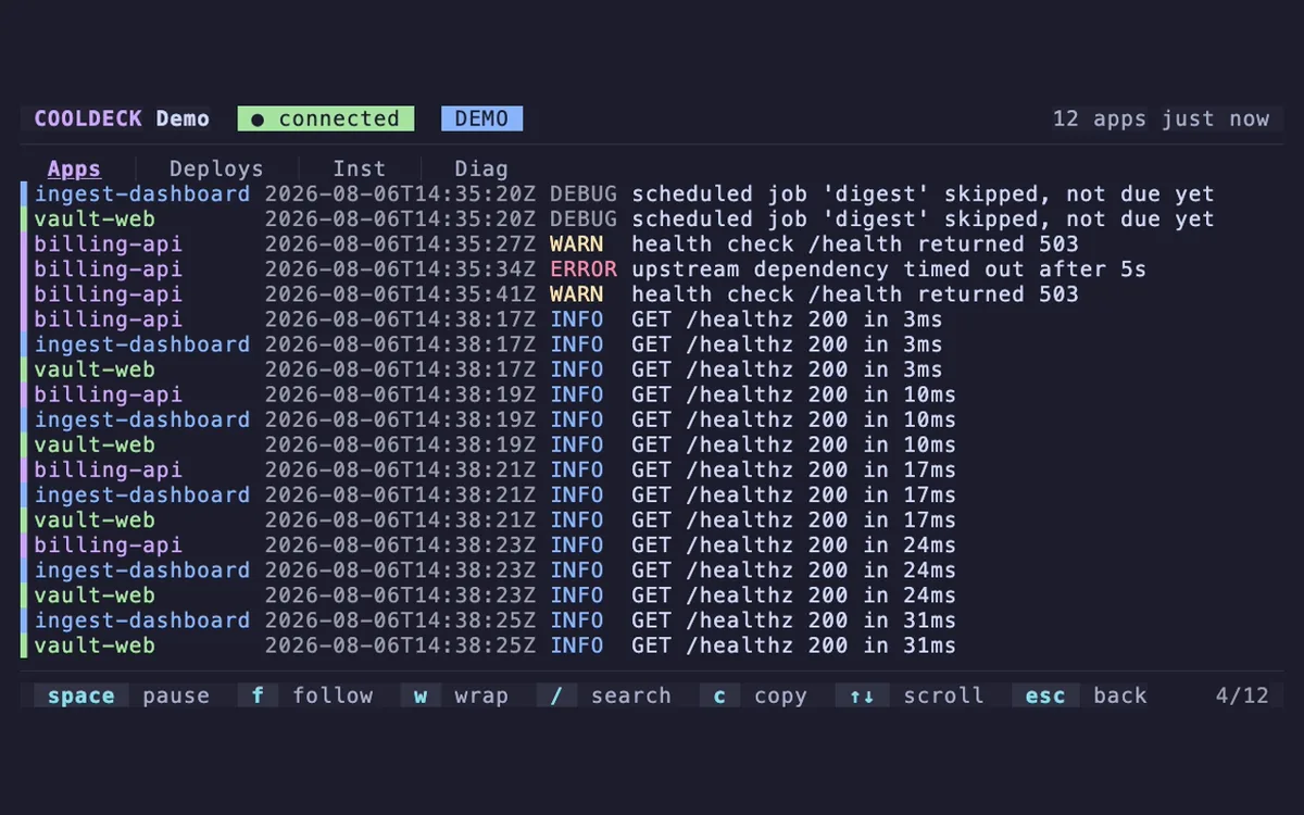 CoolDeck — open-source terminálový dashboard pro Coolify od Alexandra Rešetňaka, živé logy aplikací